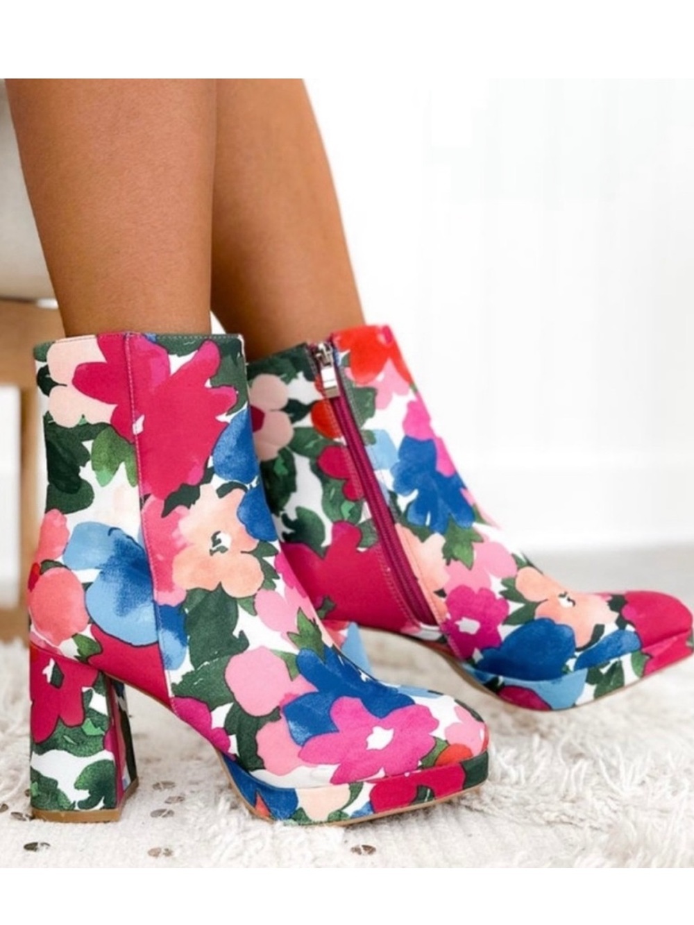 NEW Hey Girl By Corkys Floral Slug Bug Block Heel Boots - Pink Multi